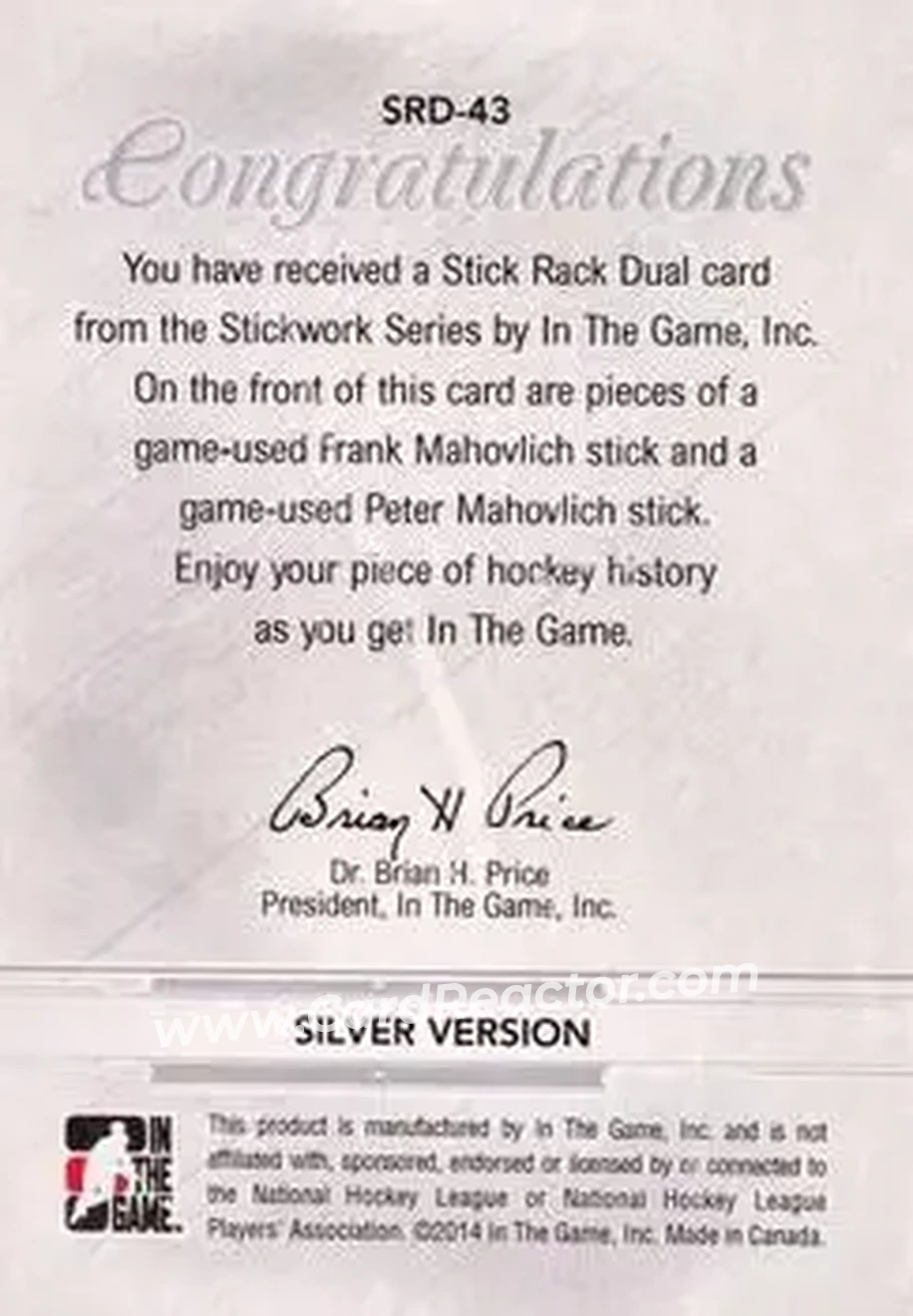 2013-14 In The Game StickWork - Stickrack Dual Silver #SRD-43 - Frank Mahovlich - Peter Mahovlich MEM, PR14 - Montreal Canadiens - Montreal Canadiens - Back