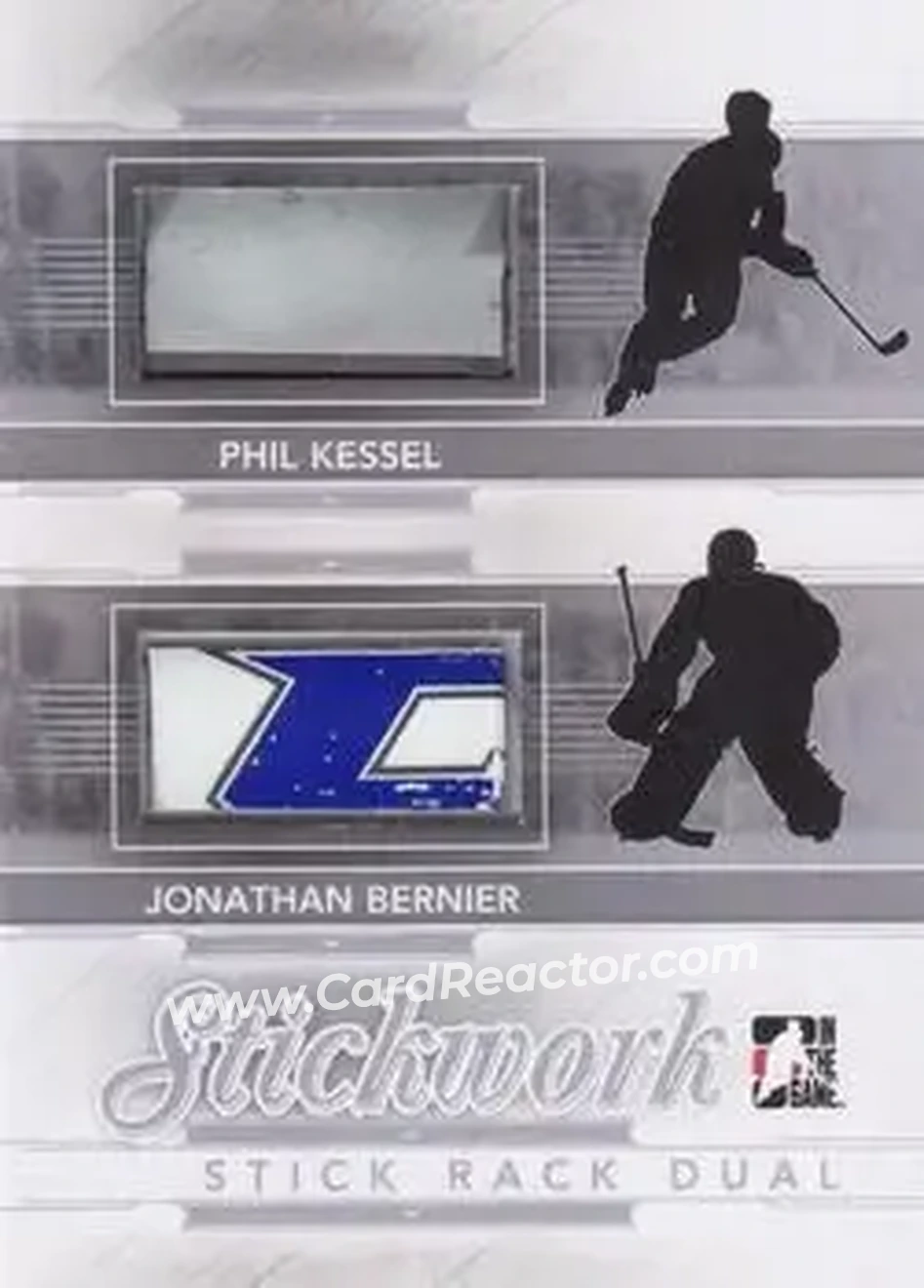 2013-14 In The Game StickWork - Stickrack Dual Silver #SRD-46 - Phil Kessel - Jonathan Bernier MEM, PR14 - Front 2013-14 In The Game StickWork - Stickrack Dual Silver #SRD-46 - Phil Kessel - Jonathan Bernier MEM, PR14 - Front