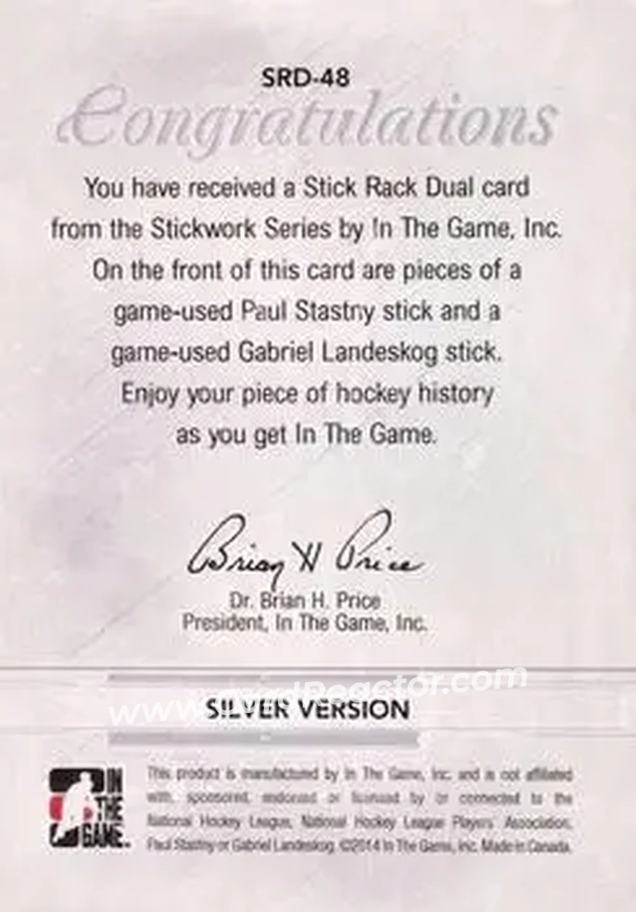 2013-14 In The Game StickWork - Stickrack Dual Silver #SRD-48 - Paul Stastny - Gabriel Landeskog MEM, PR14 - Colorado Avalanche - Colorado Avalanche - Back