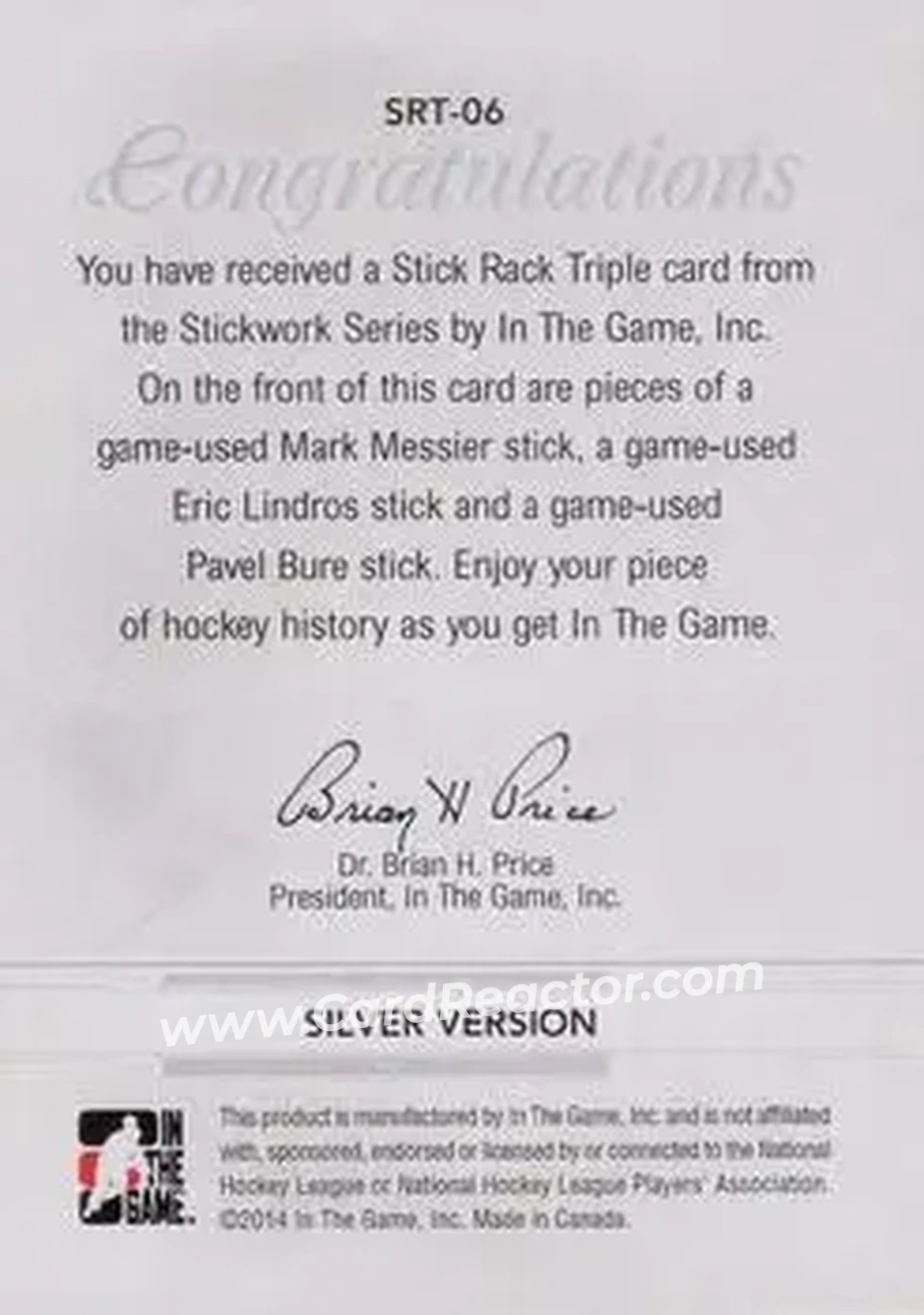 2013-14 In The Game StickWork - Stickrack Triple Silver #SRT-06 - Mark Messier - Eric Lindros - Pavel Bure MEM, PR14 - New York Rangers - New York Rangers - Back