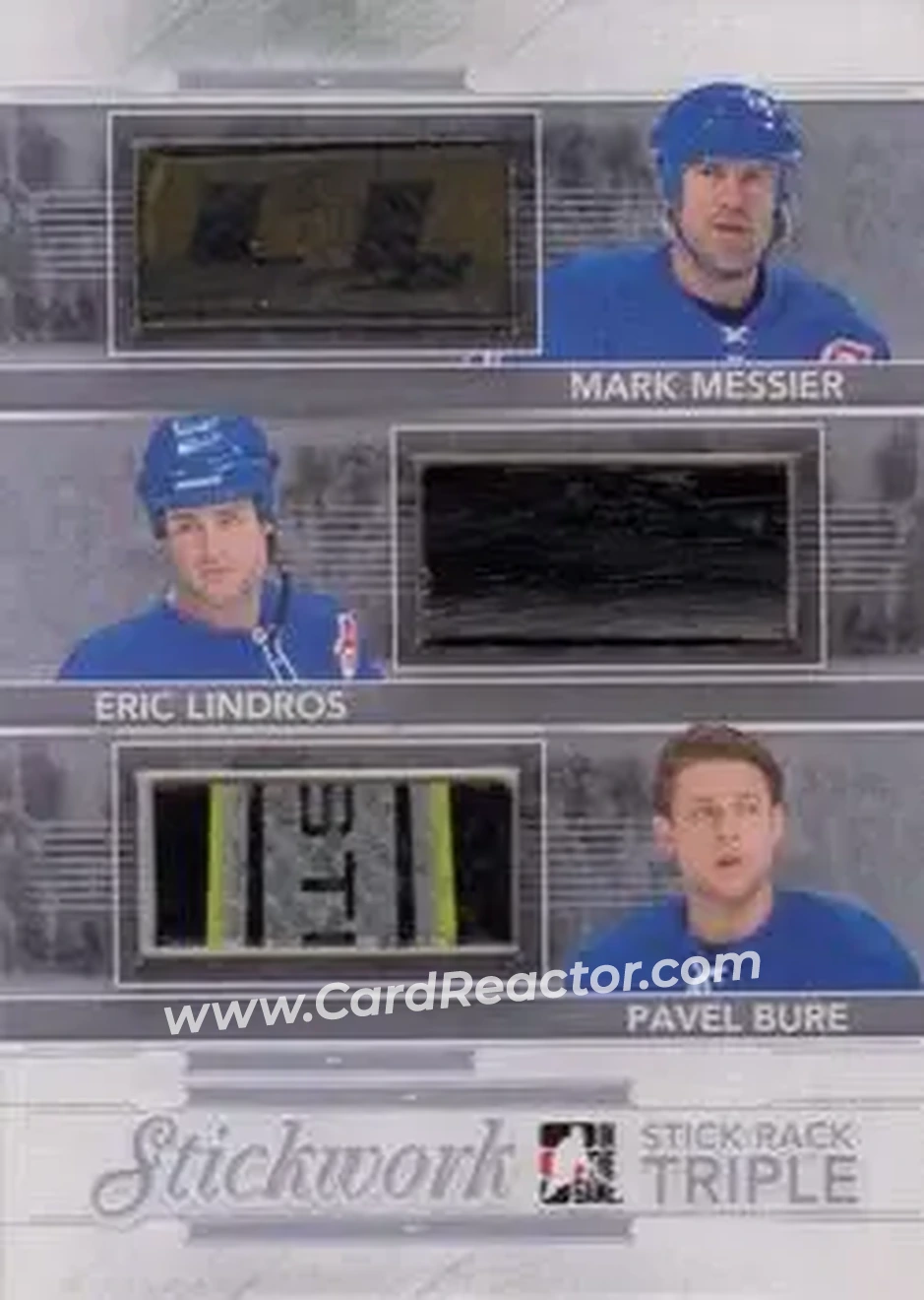 2013-14 In The Game StickWork - Stickrack Triple Silver #SRT-06 - Mark Messier - Eric Lindros - Pavel Bure MEM, PR14 - New York Rangers - New York Rangers - Front