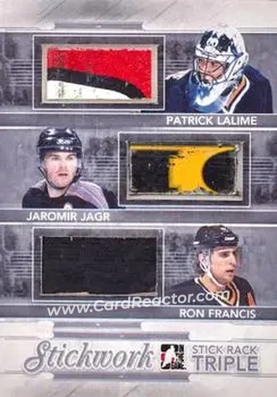 2013-14 In The Game StickWork - Stickrack Triple Silver #SRT-07 - Patrick Lalime - Jaromir Jagr - Ron Francis MEM, PR14 - Pittsburgh Penguins - Pittsburgh Penguins - Front