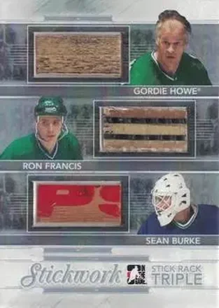 2013-14 In The Game StickWork #SRT-08 Stickrack Triple Silver Gordie Howe - Ron Francis - Sean Burke MEM, PR14 - Hartford Whalers