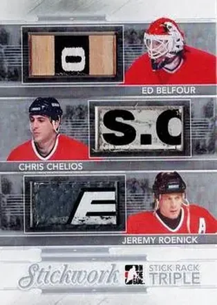 2013-14 In The Game StickWork #SRT-14 Stickrack Triple Silver Ed Belfour - Chris Chelios - Jeremy Roenick MEM, PR14 - Chicago Blackhawks