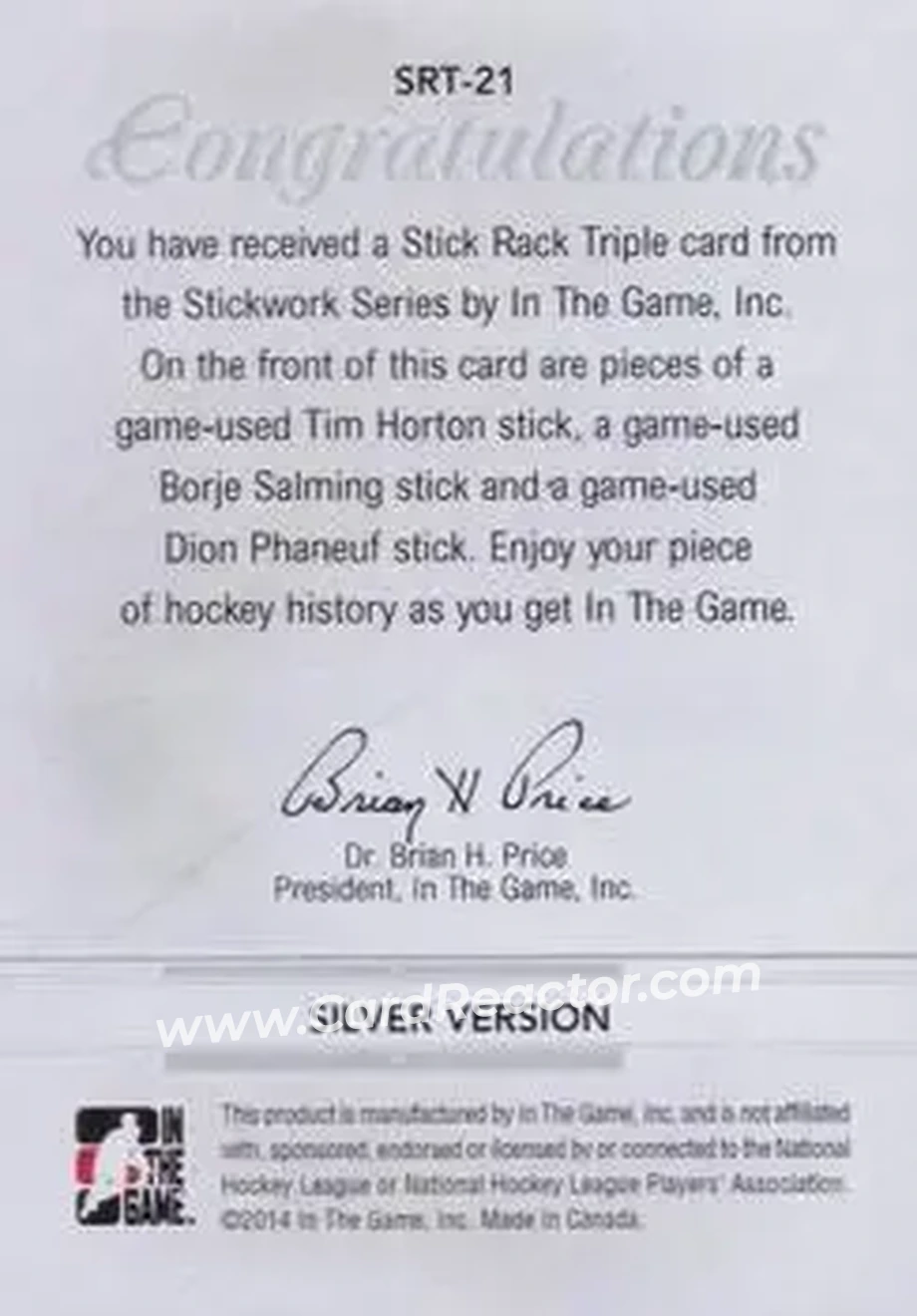 2013-14 In The Game StickWork - Stickrack Triple Silver #SRT-21 - Tim Horton - Borje Salming - Dion Phaneuf MEM, PR14 - Toronto Maple Leafs - Toronto Maple Leafs - Back