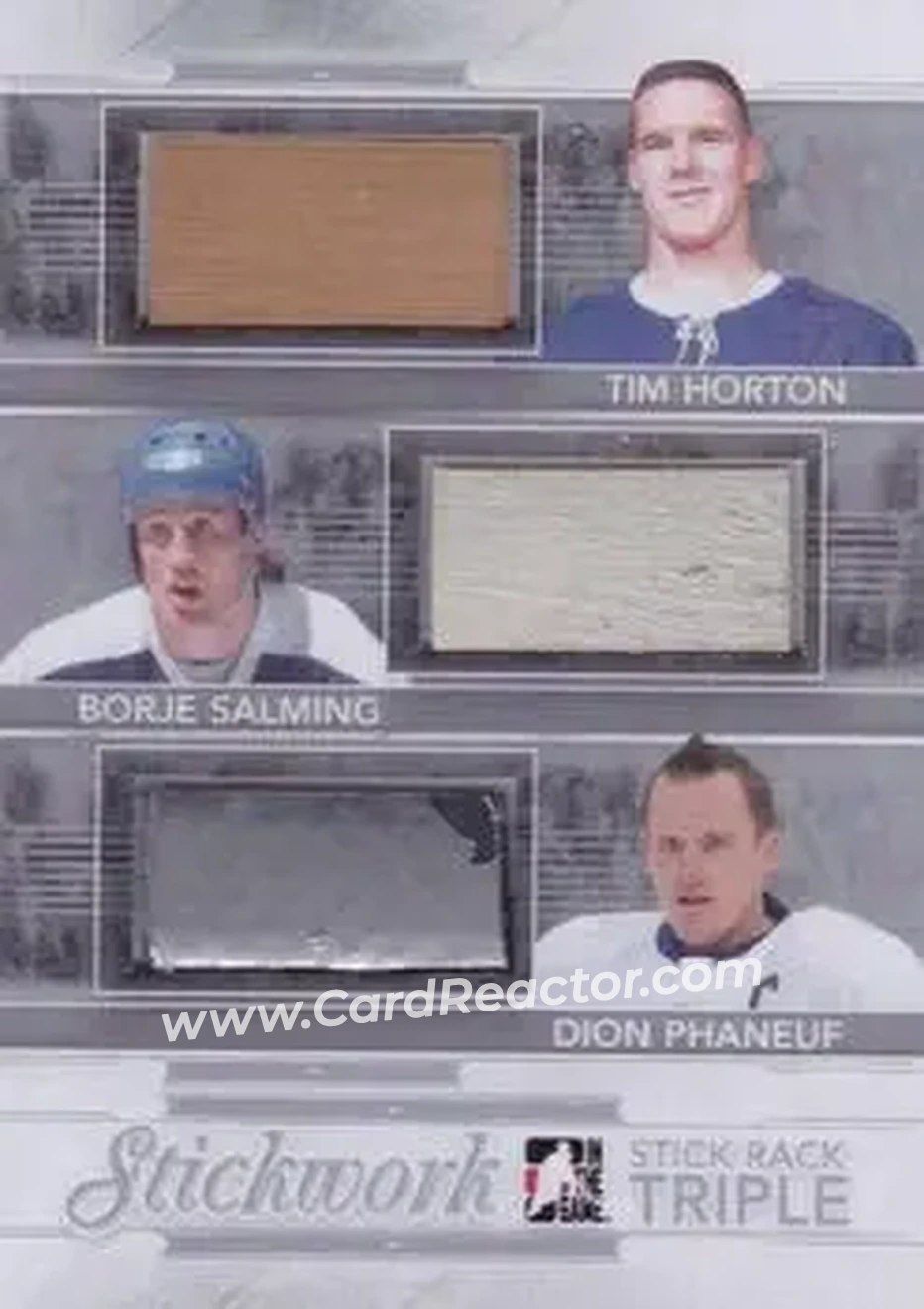 2013-14 In The Game StickWork - Stickrack Triple Silver #SRT-21 - Tim Horton - Borje Salming - Dion Phaneuf MEM, PR14 - Toronto Maple Leafs - Toronto Maple Leafs - Front