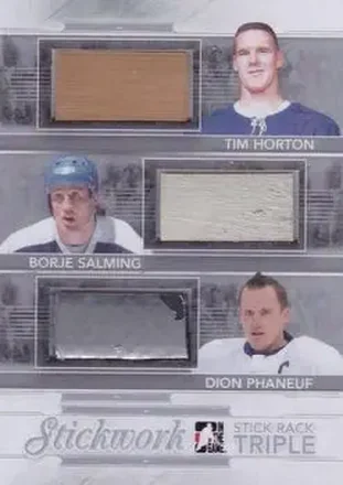 2013-14 In The Game StickWork - Stickrack Triple Silver #SRT-21 - Tim Horton - Borje Salming - Dion Phaneuf MEM, PR14 - Toronto Maple Leafs - Toronto Maple Leafs