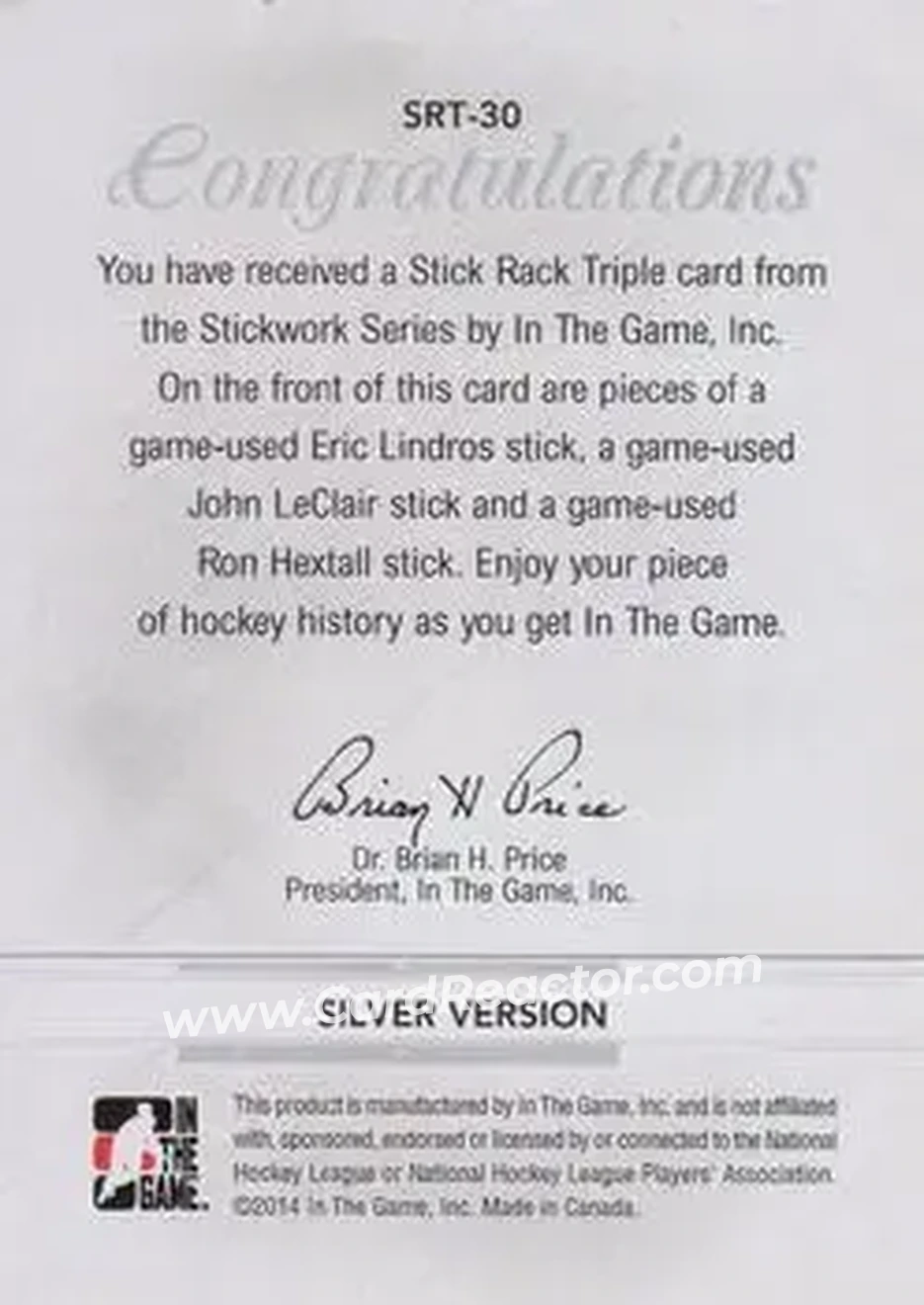 2013-14 In The Game StickWork - Stickrack Triple Silver #SRT-30 - Eric Lindros - John LeClair - Ron Hextall MEM, PR14 - Philadelphia Flyers - Philadelphia Flyers - Back 2013-14 In The Game StickWork - Stickrack Triple Silver #SRT-30 - Eric Lindros - John LeClair - Ron Hextall MEM, PR14 - Philadelphia Flyers - Philadelphia Flyers - Back