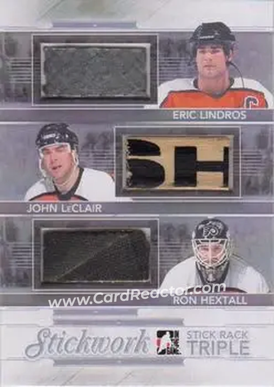 2013-14 In The Game StickWork - Stickrack Triple Silver #SRT-30 - Eric Lindros - John LeClair - Ron Hextall MEM, PR14 - Philadelphia Flyers - Philadelphia Flyers - Front 2013-14 In The Game StickWork - Stickrack Triple Silver #SRT-30 - Eric Lindros - John LeClair - Ron Hextall MEM, PR14 - Philadelphia Flyers - Philadelphia Flyers - Front