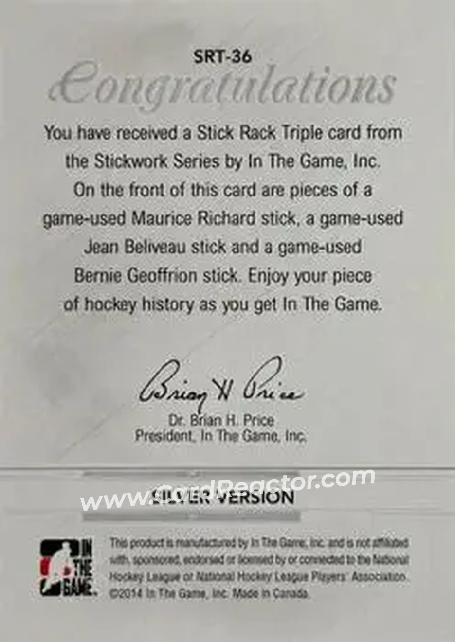 2013-14 In The Game StickWork - Stickrack Triple Silver #SRT-36 - Maurice Richard - Jean Beliveau - Bernie Geoffrion MEM, PR14 - Montreal Canadiens - Montreal Canadiens - Back