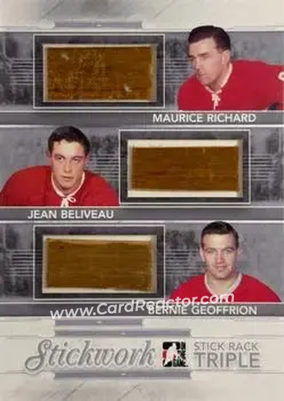 2013-14 In The Game StickWork - Stickrack Triple Silver #SRT-36 - Maurice Richard - Jean Beliveau - Bernie Geoffrion MEM, PR14 - Montreal Canadiens - Montreal Canadiens - Front