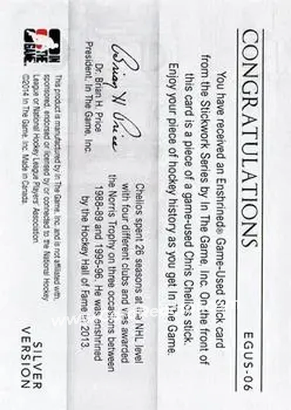 2013-14 In The Game StickWork - Enshrined Game Used Sticks Silver #EGUS-06 - Chris Chelios - Back