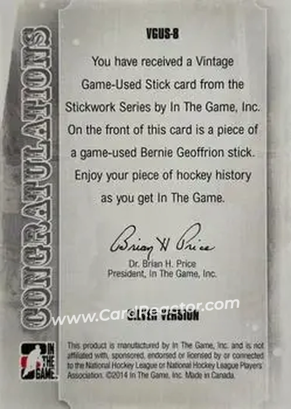 2013-14 In The Game StickWork - Vintage Game Used Sticks Silver #VGUS-8 - Bernie Geoffrion - Montreal Canadiens - Back