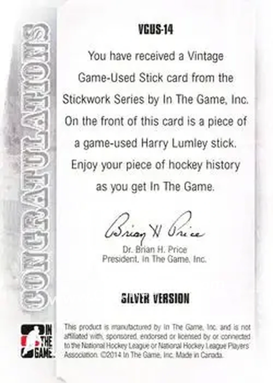 2013-14 In The Game StickWork - Vintage Game Used Sticks Silver #VGUS-14 - Harry Lumley - Toronto Maple Leafs - Back