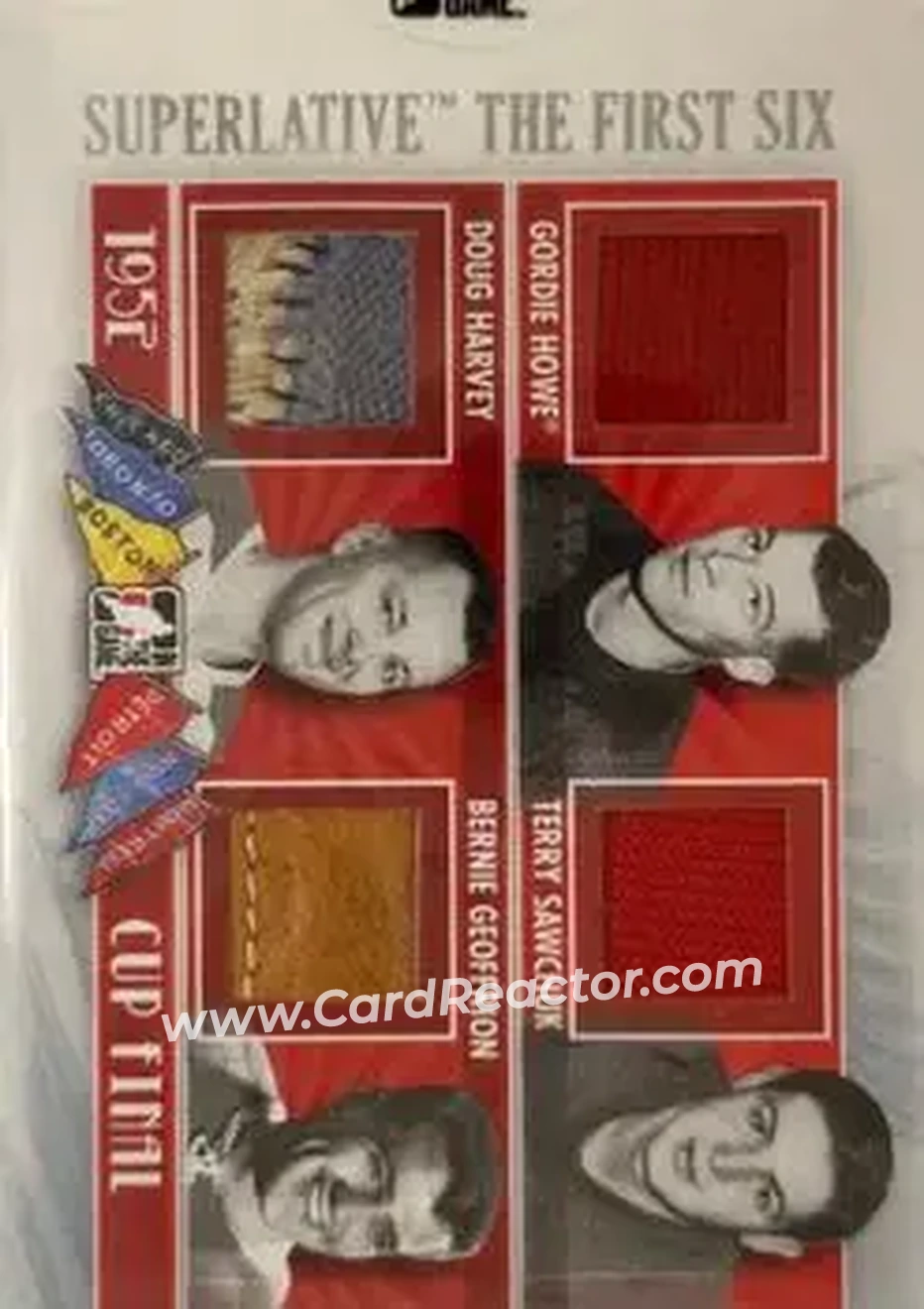 2013-14 In The Game Superlative The First Six - Cup Final Quad Jerseys #CF-25 - Gordie Howe - Terry Sawchuk - Doug Harvey - Bernie Geoffrion MEM, SN9 - Montreal Canadiens - Detroit Red Wings - Front