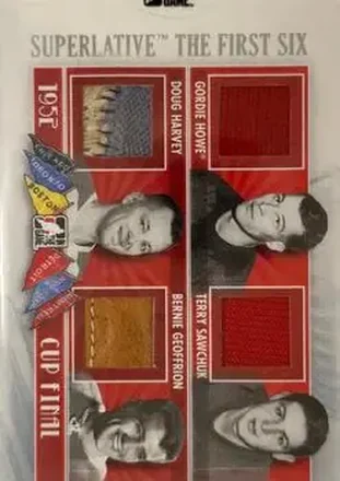 2013-14 In The Game Superlative The First Six - Cup Final Quad Jerseys #CF-25 - Gordie Howe - Terry Sawchuk - Doug Harvey - Bernie Geoffrion MEM, SN9 - Montreal Canadiens - Detroit Red Wings