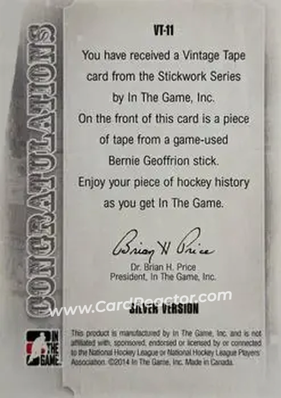 2013-14 In The Game StickWork - Vintage Tape Silver #VT-11 - Bernie Geoffrion - Montreal Canadiens - Back