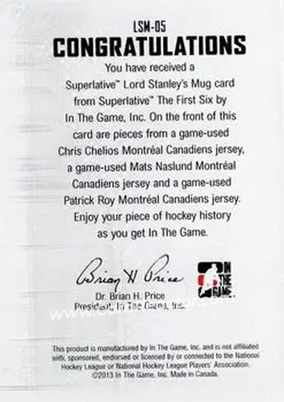 2013-14 In The Game Superlative The First Six - Lord Stanley's Mug Triple Jerseys #LSM-05 - Chris Chelios - Mats Naslund - Patrick Roy MEM, SN14 - Montreal Canadiens - Montreal Canadiens - Back