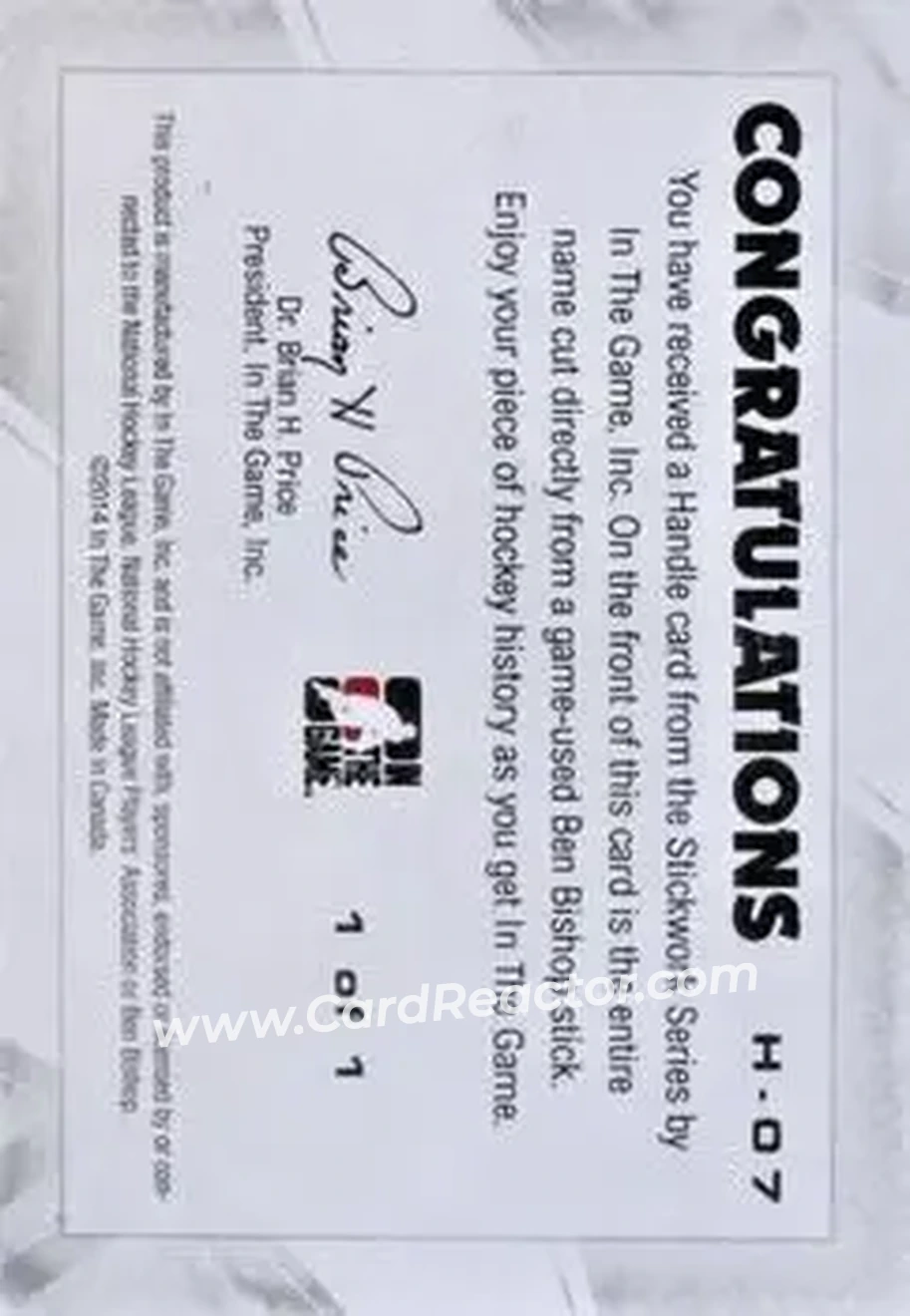2013-14 In The Game StickWork - Stick Handles #H-07 - Ben Bishop - Back 2013-14 In The Game StickWork - Stick Handles #H-07 - Ben Bishop - Back