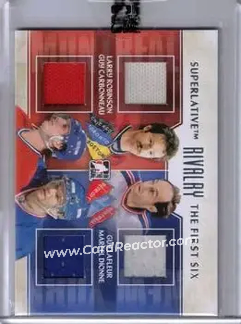 2013-14 In The Game Superlative The First Six - Rivalry Quad Jerseys #R-03 - Larry Robinson - Guy Carbonneau - Guy Lafleur - Marcel Dionne MEM, PR19 - Montreal Canadiens - New York Rangers - Front 2013-14 In The Game Superlative The First Six - Rivalry Quad Jerseys #R-03 - Larry Robinson - Guy Carbonneau - Guy Lafleur - Marcel Dionne MEM, PR19 - Montreal Canadiens - New York Rangers - Front