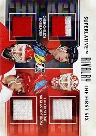 2013-14 In The Game Superlative The First Six - Rivalry Quad Jerseys #R-04 - Chris Chelios - Ed Belfour - Tim Cheveldae - Nicklas Lidstrom MEM, PR19 - Chicago Blackhawks - Detroit Red Wings