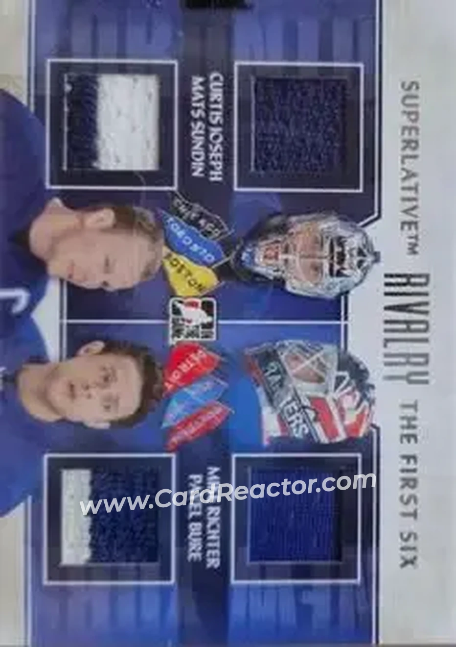 2013-14 In The Game Superlative The First Six - Rivalry Quad Jerseys #R-05 - Curtis Joseph - Mats Sundin - Mike Richter - Pavel Bure MEM, PR19 - Toronto Maple Leafs - New York Rangers - Front