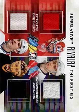 2013-14 In The Game Superlative The First Six - Rivalry Quad Jerseys #R-08 - Patrick Roy - Chris Chelios - Raymond Bourque - Andy Moog MEM, PR19 - Montreal Canadiens - Boston Bruins