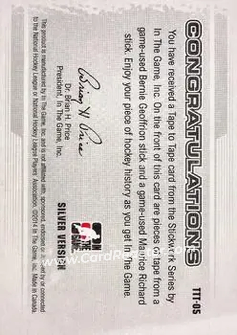2013-14 In The Game StickWork - Tape to Tape Silver #TTT-05 - Bernie Geoffrion - Maurice Richard MEM, PR9 - Montreal Canadiens - Montreal Canadiens - Back 2013-14 In The Game StickWork - Tape to Tape Silver #TTT-05 - Bernie Geoffrion - Maurice Richard MEM, PR9 - Montreal Canadiens - Montreal Canadiens - Back