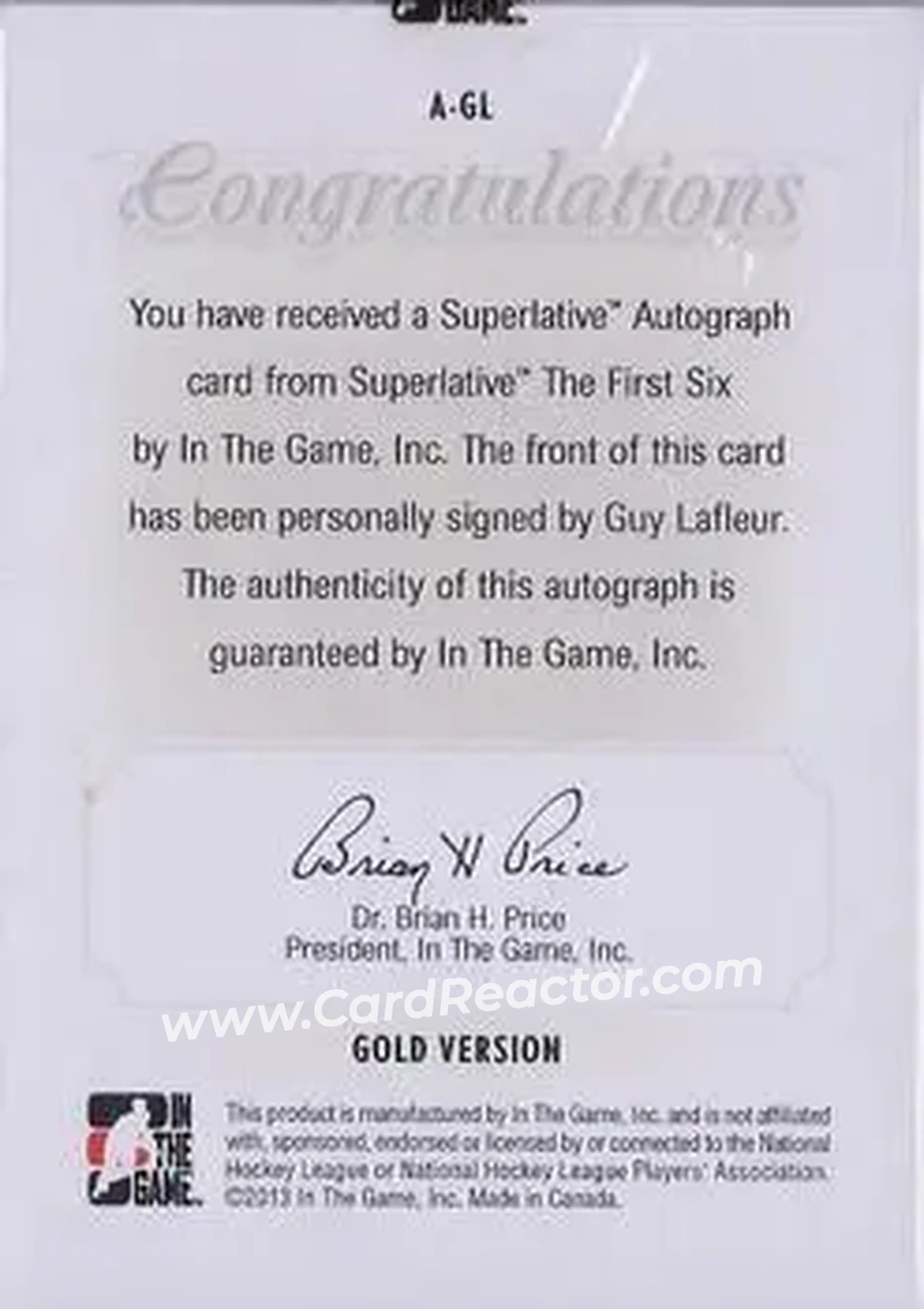 2013-14 In The Game Superlative The First Six - Autographs Gold #A-GL - Guy Lafleur - Montreal Canadiens - Back