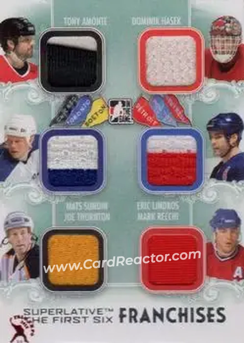 2013-14 In The Game Superlative The First Six - Franchises Jerseys Six #F-02 - Tony Amonte - Dominik Hasek - Mats Sundin - Eric Lindros - Joe Thornton - Mark Recchi MEM, PR14 - Chicago Blackhawks - Detroit Red Wings - Toronto Maple Leafs - New York Rangers - Boston Bruins - Montreal Canadiens - Front
