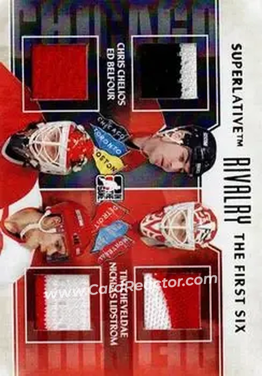 2013-14 In The Game Superlative The First Six - Rivalry Quad Jerseys Gold #R-04 - Chris Chelios - Ed Belfour - Tim Cheveldae - Nicklas Lidstrom MEM, PR1 - Chicago Blackhawks - Detroit Red Wings - Front