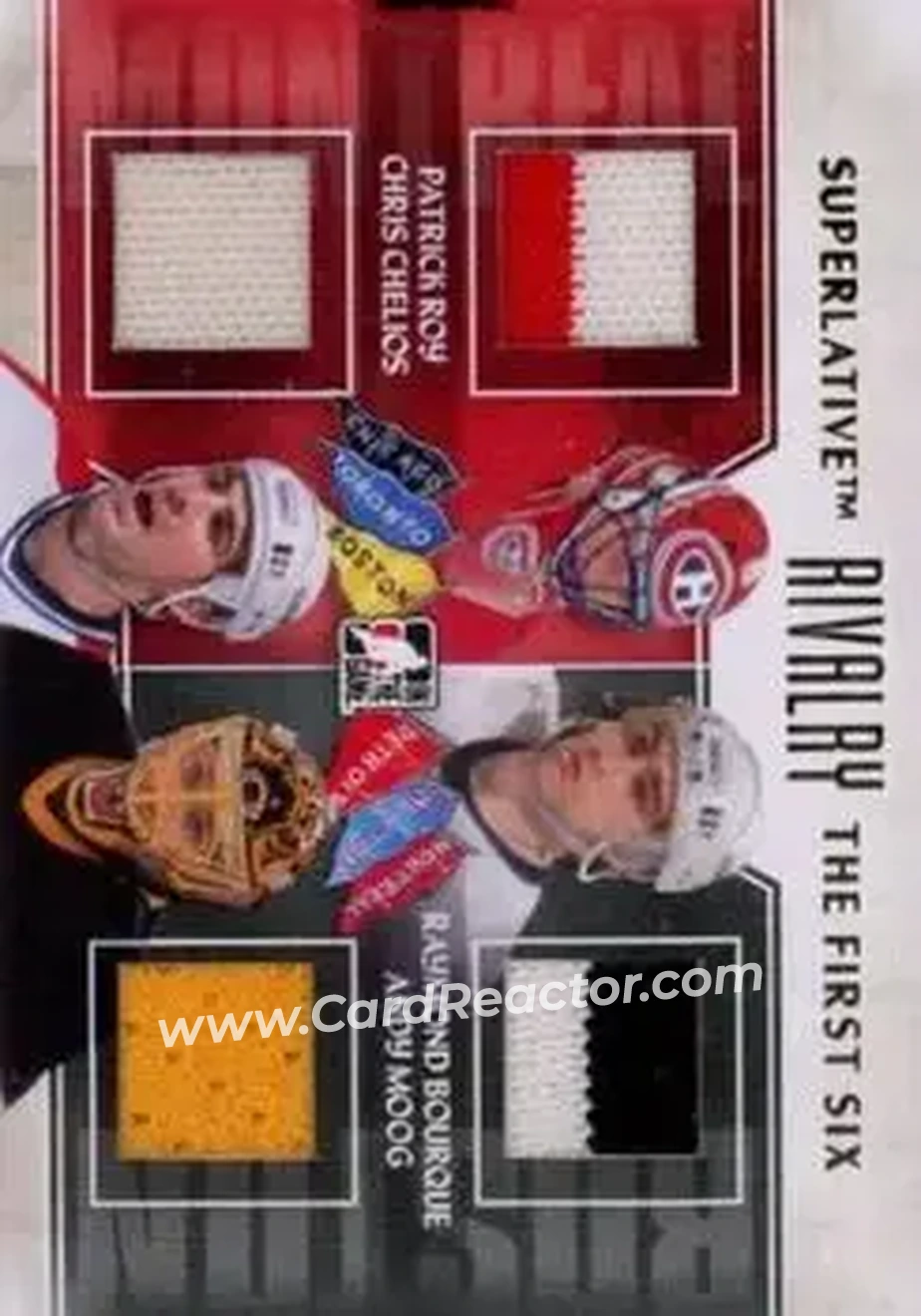 2013-14 In The Game Superlative The First Six - Rivalry Quad Jerseys Gold #R-08 - Patrick Roy - Chris Chelios - Raymond Bourque - Andy Moog MEM, PR1 - Montreal Canadiens - Boston Bruins - Front