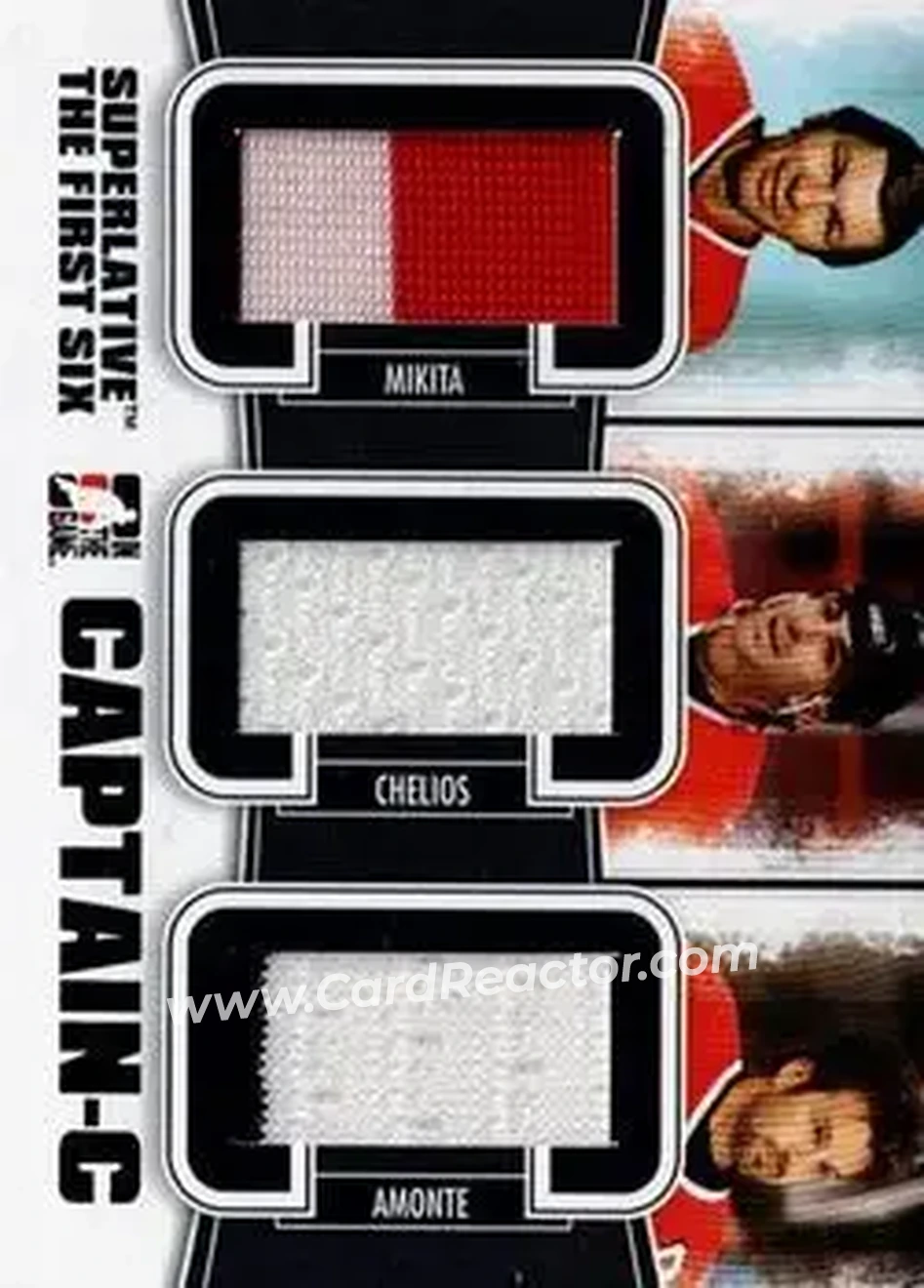 2013-14 In The Game Superlative The First Six - Captain C #CC-10 - Stan Mikita - Chris Chelios - Tony Amonte MEM, PR14 - Chicago Blackhawks - Chicago Blackhawks - Front