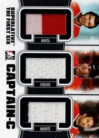 2013-14 In The Game Superlative The First Six - Captain C #CC-10 - Stan Mikita - Chris Chelios - Tony Amonte MEM, PR14 - Chicago Blackhawks - Chicago Blackhawks