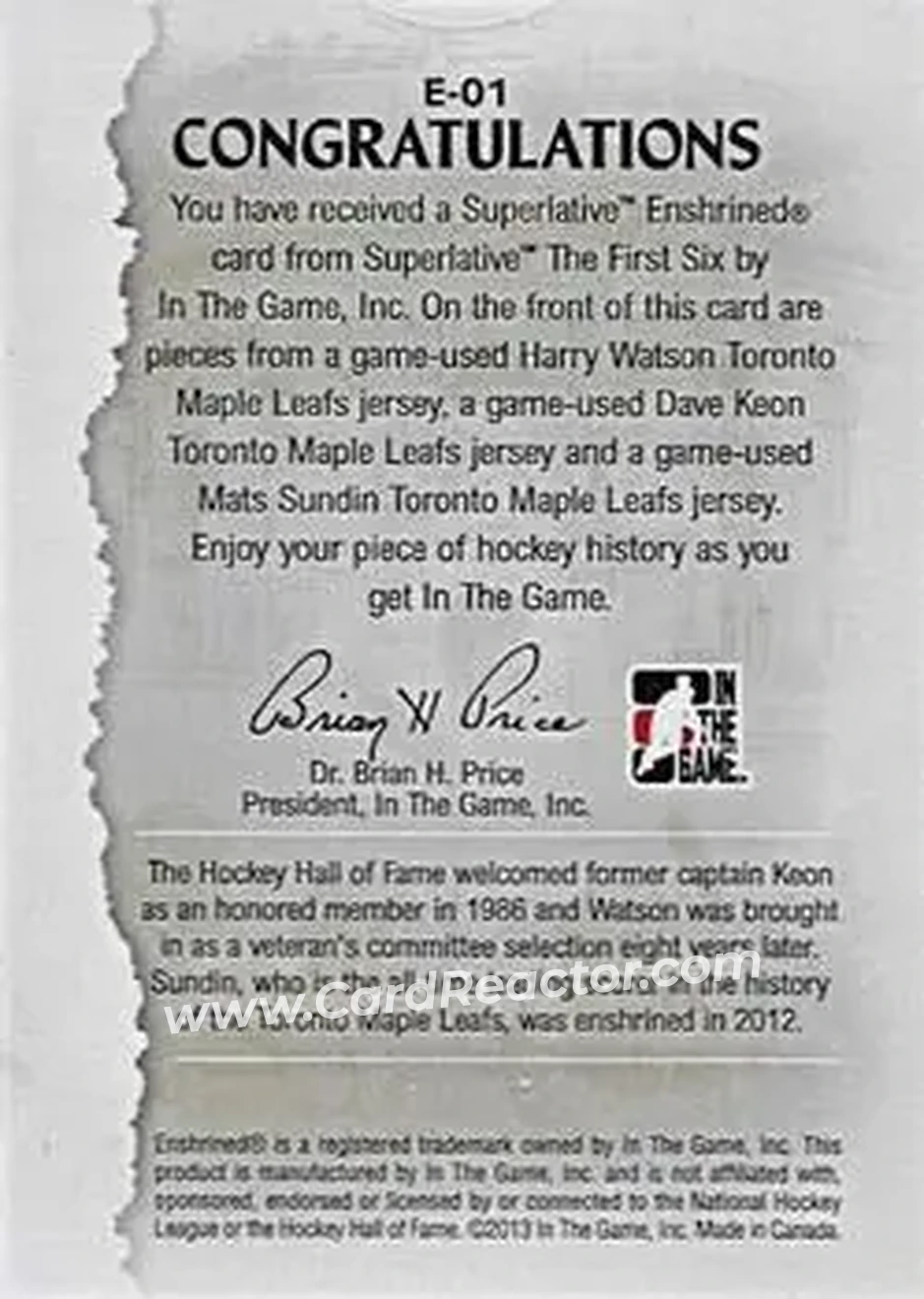 2013-14 In The Game Superlative The First Six - Enshrined Triple Jerseys #E-01 - Harry Watson - Dave Keon - Mats Sundin MEM, PR14 - Toronto Maple Leafs - Toronto Maple Leafs - Back