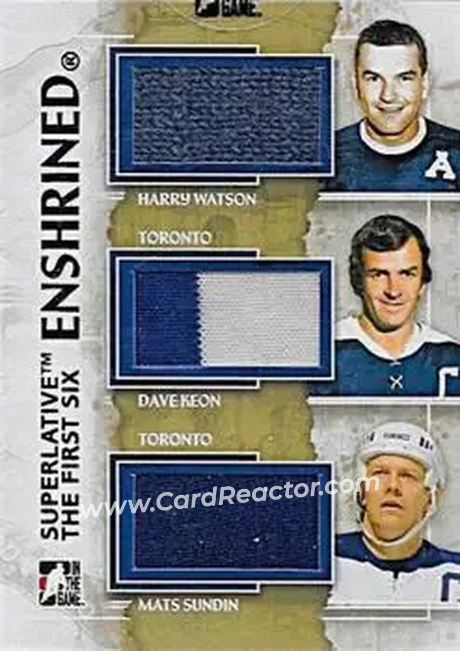 2013-14 In The Game Superlative The First Six - Enshrined Triple Jerseys #E-01 - Harry Watson - Dave Keon - Mats Sundin MEM, PR14 - Toronto Maple Leafs - Toronto Maple Leafs - Front