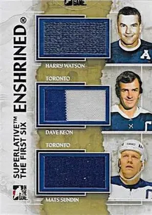 2013-14 In The Game Superlative The First Six - Enshrined Triple Jerseys #E-01 - Harry Watson - Dave Keon - Mats Sundin MEM, PR14 - Toronto Maple Leafs - Toronto Maple Leafs
