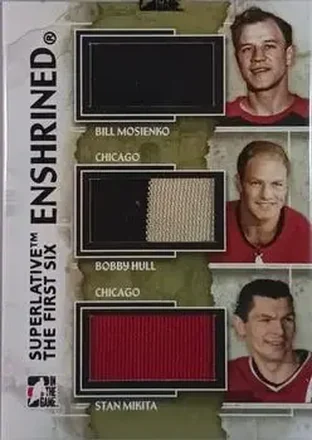 2013-14 In The Game Superlative The First Six - Enshrined Triple Jerseys #E-10 - Bill Mosienko - Bobby Hull - Stan Mikita MEM, PR14 - Chicago Blackhawks - Chicago Blackhawks