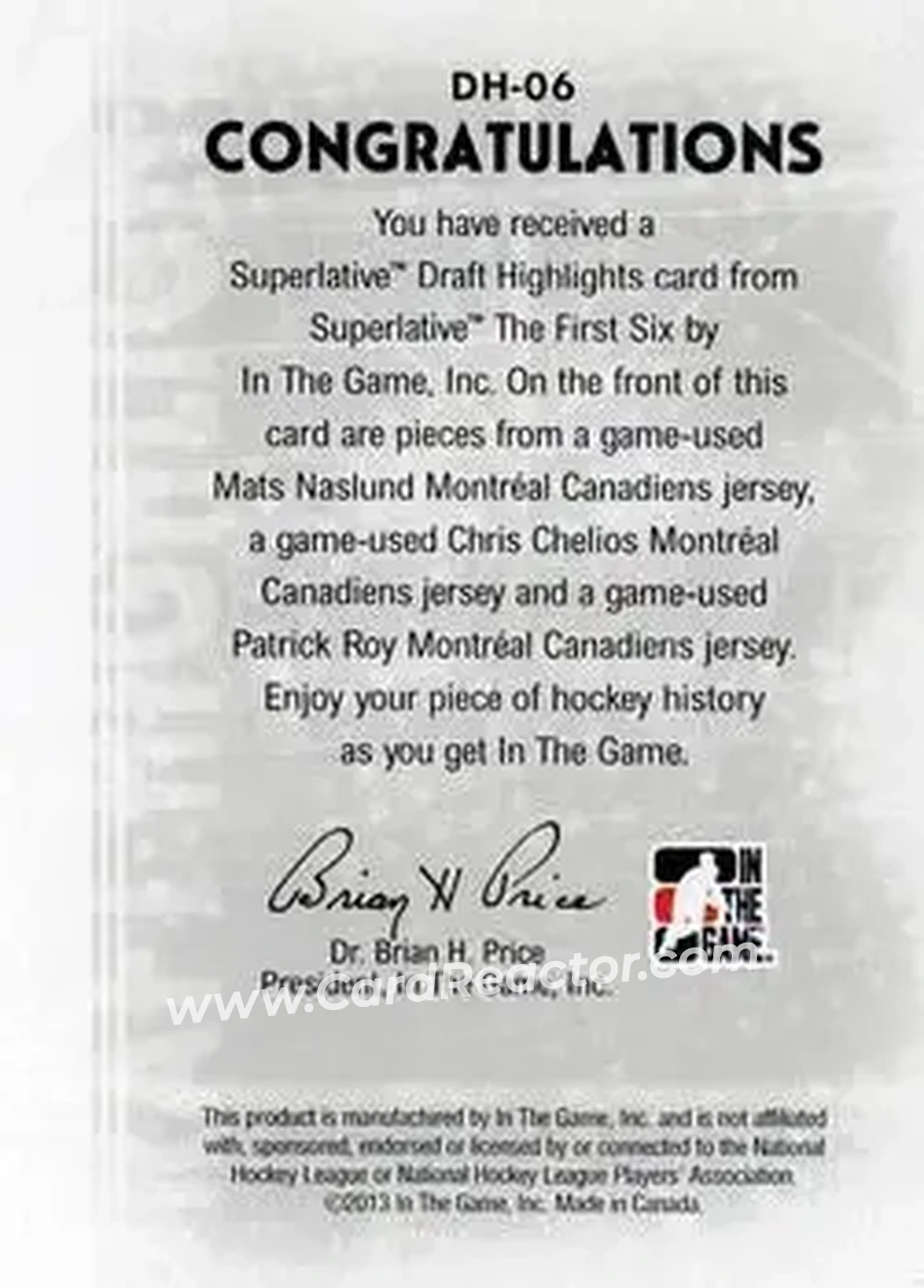 2013-14 In The Game Superlative The First Six - Draft Highlights Triple Jerseys #DH-06 - Mats Naslund - Chris Chelios - Patrick Roy MEM, SN14 - Montreal Canadiens - Montreal Canadiens - Back