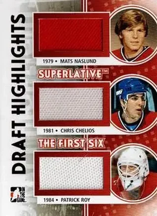 2013-14 In The Game Superlative The First Six - Draft Highlights Triple Jerseys #DH-06 - Mats Naslund - Chris Chelios - Patrick Roy MEM, SN14 - Montreal Canadiens - Montreal Canadiens