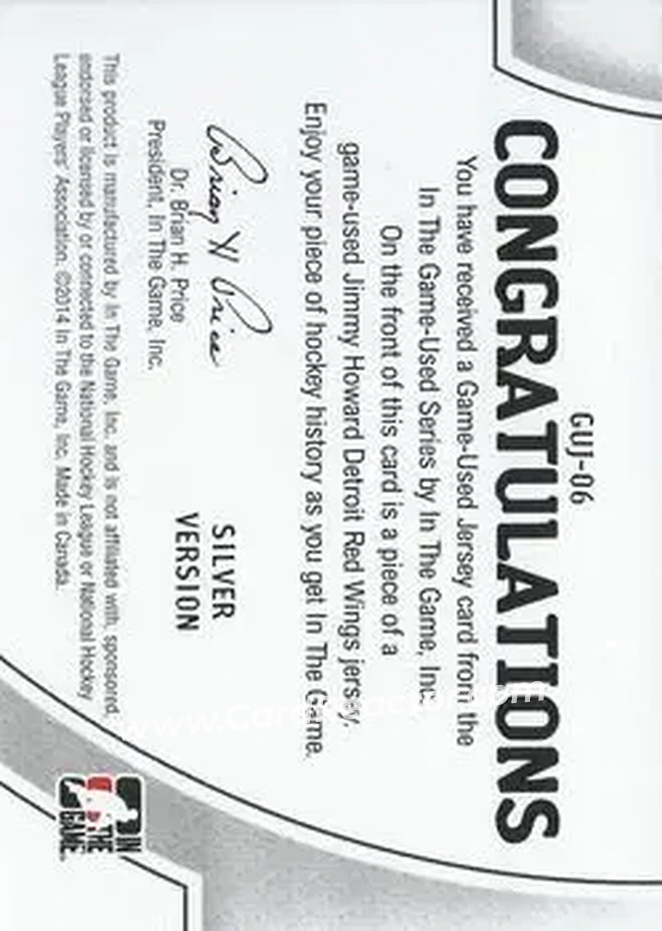 2013-14 In The Game Used #GUJ-06 - Jimmy Howard - Detroit Red Wings - Back