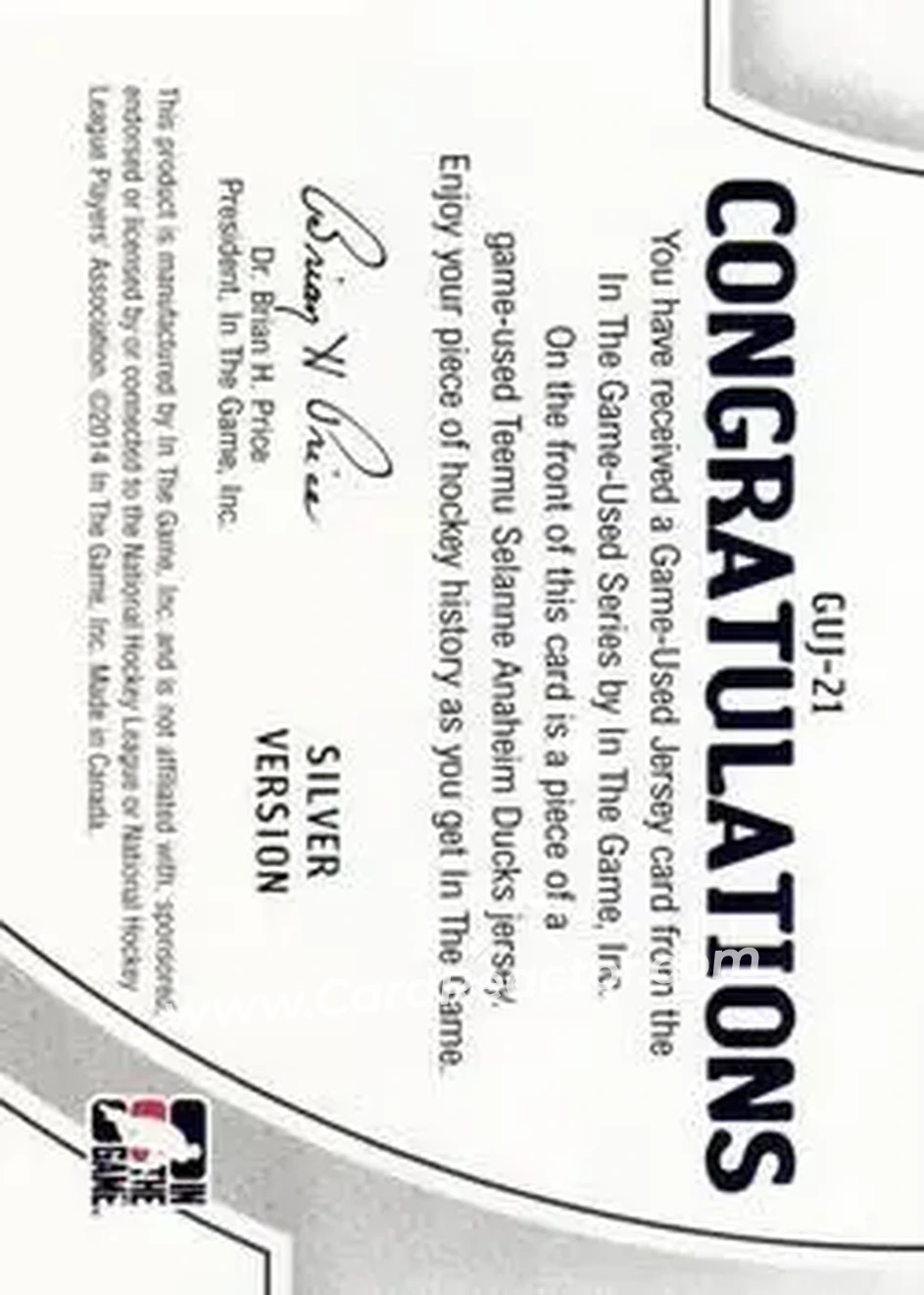 2013-14 In The Game Used #GUJ-21 - Teemu Selanne - Anaheim Ducks - Back