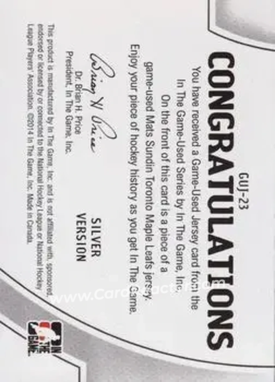 2013-14 In The Game Used #GUJ-23 - Mats Sundin - Toronto Maple Leafs - Back