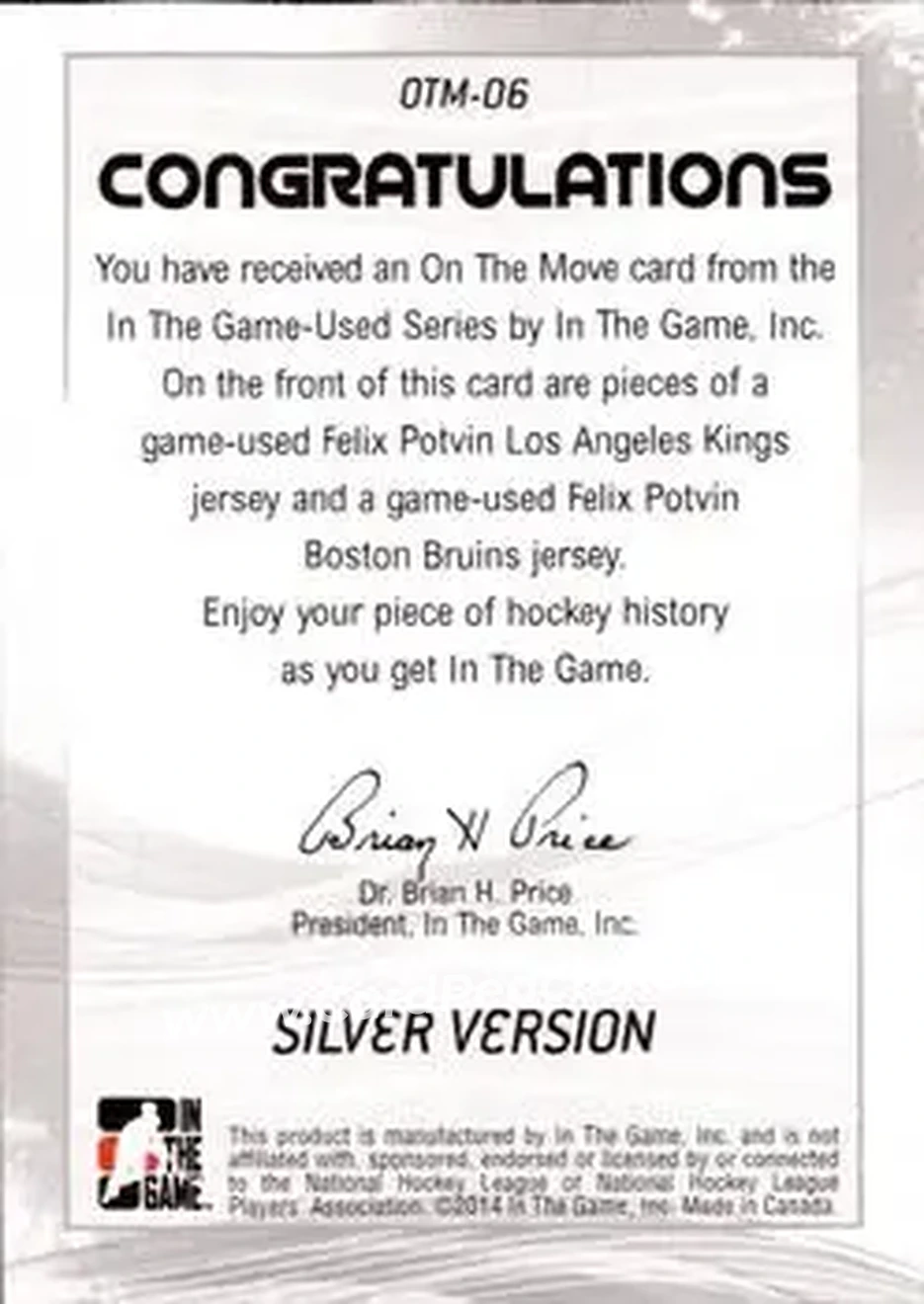 2013-14 In The Game Used - On the Move Jerseys Silver #OTM-06 - Felix Potvin - Back