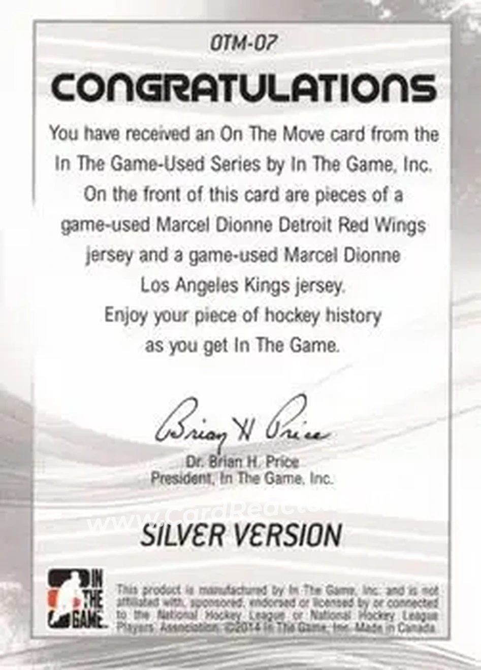 2013-14 In The Game Used - On the Move Jerseys Silver #OTM-07 - Marcel Dionne - Back