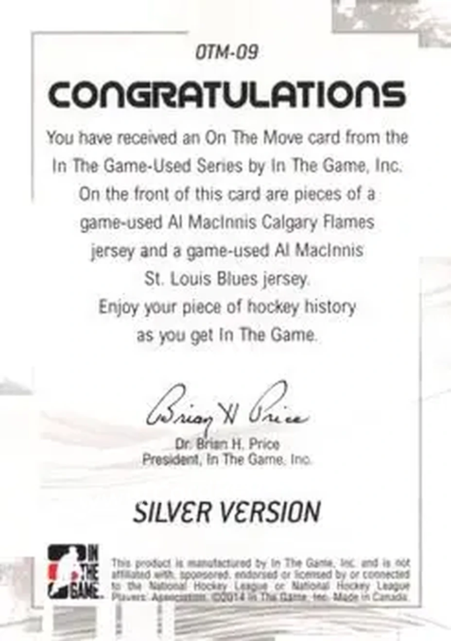 2013-14 In The Game Used - On the Move Jerseys Silver #OTM-09 - Al MacInnis - Back