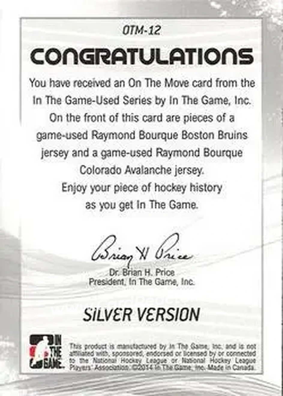 2013-14 In The Game Used - On the Move Jerseys Silver #OTM-12 - Ray Bourque - Back 2013-14 In The Game Used - On the Move Jerseys Silver #OTM-12 - Ray Bourque - Back