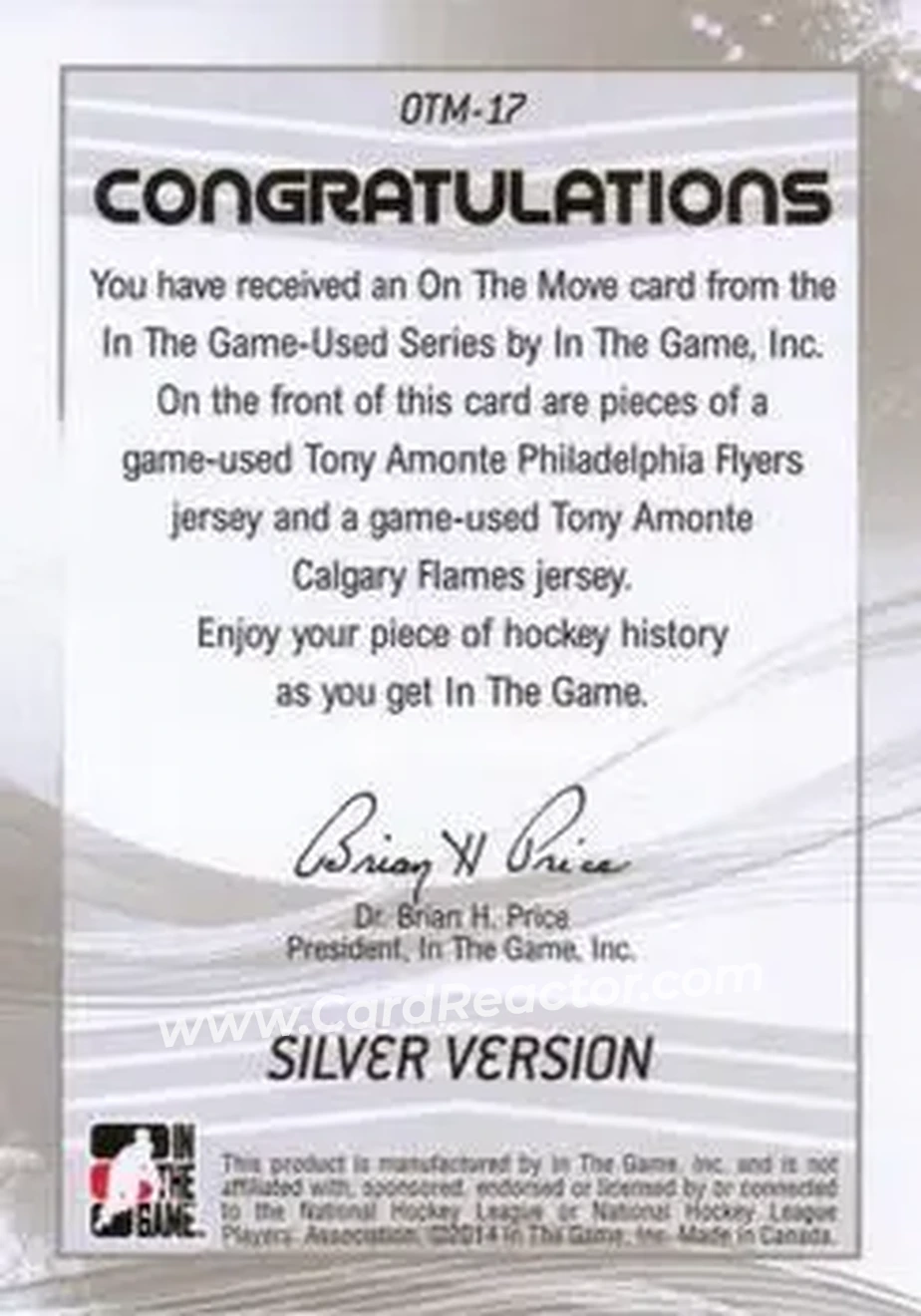2013-14 In The Game Used - On the Move Jerseys Silver #OTM-17 - Tony Amonte - Back