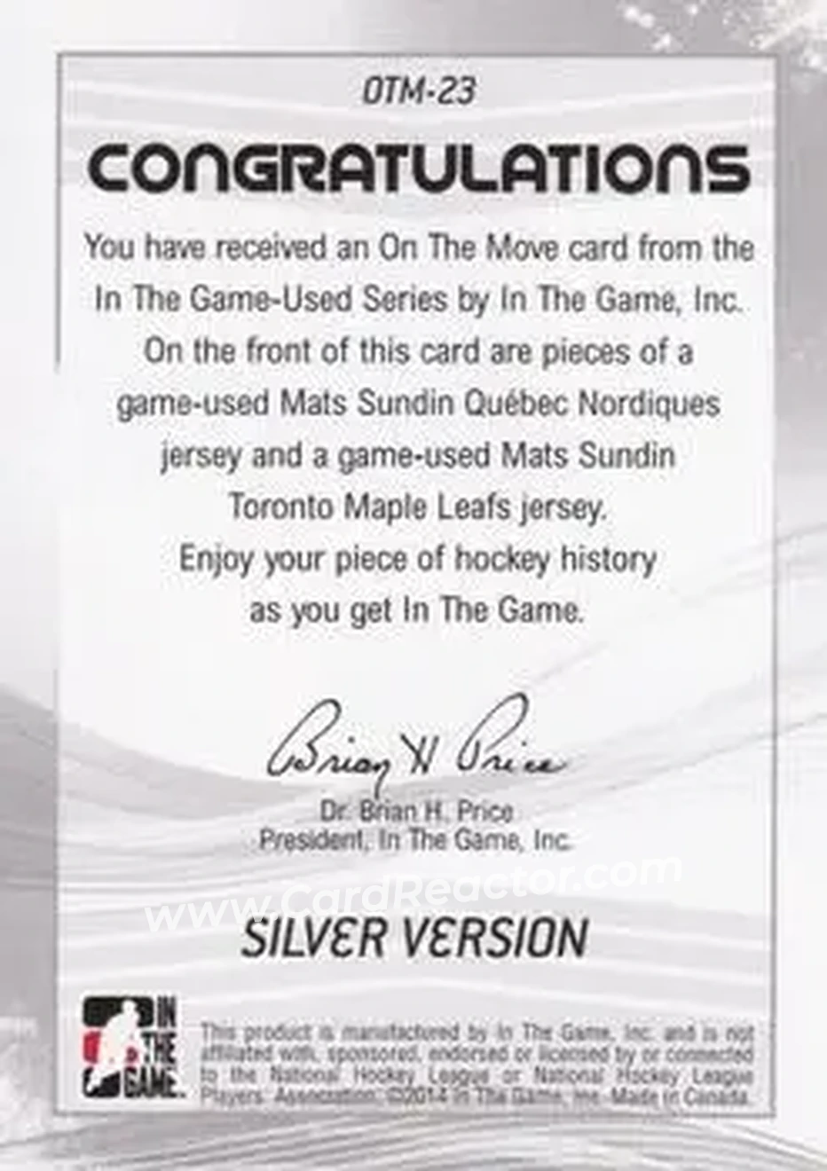2013-14 In The Game Used - On the Move Jerseys Silver #OTM-23 - Mats Sundin - Back