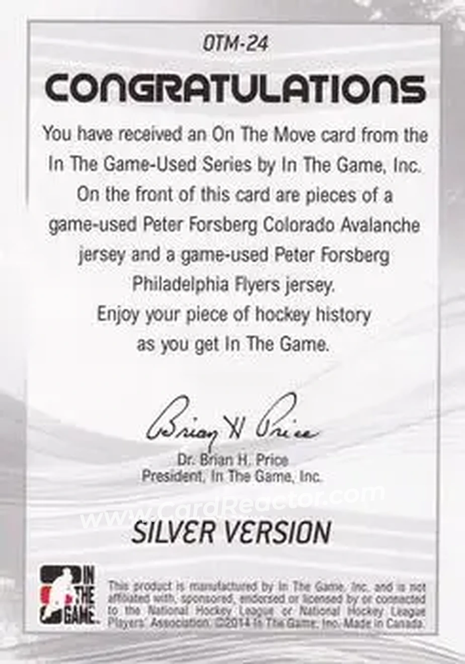 2013-14 In The Game Used - On the Move Jerseys Silver #OTM-24 - Peter Forsberg - Back